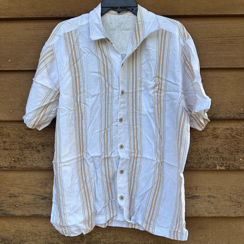 Vintage Tommy Bahama Yellow Pin Striped Silk Button Down Shirt Size XL